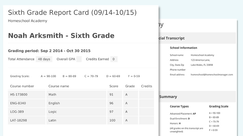 Example of a Homeschool Manager report card Report Card